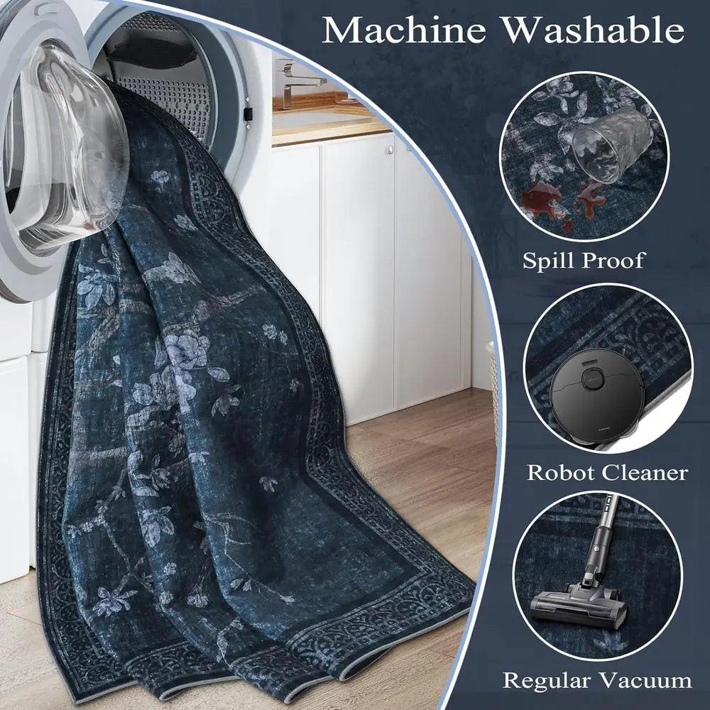 Floral Boho Area Rug Machine Washable Non Slip Living Room