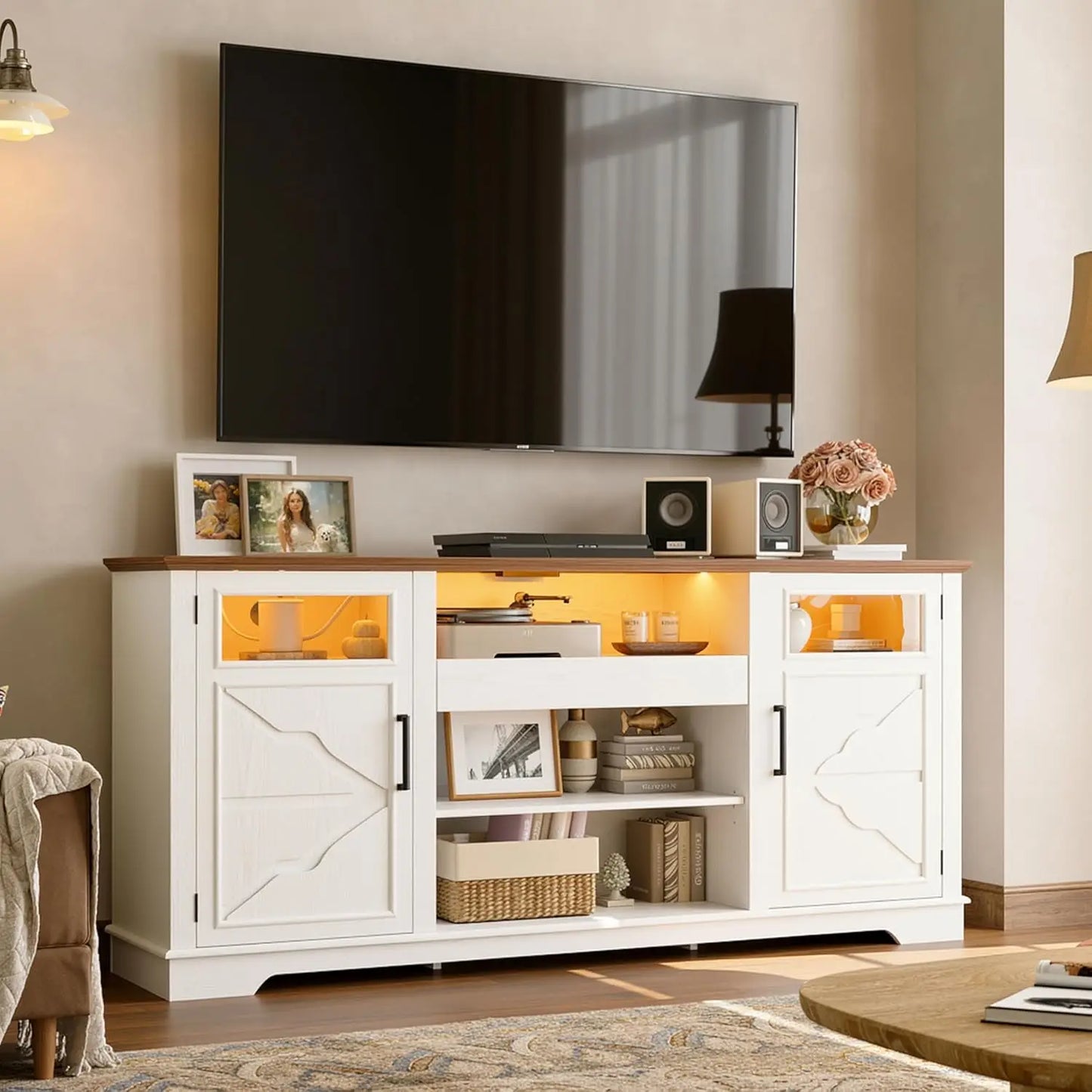 Farmhouse TV Stand With LED Lights And Power Outlet
