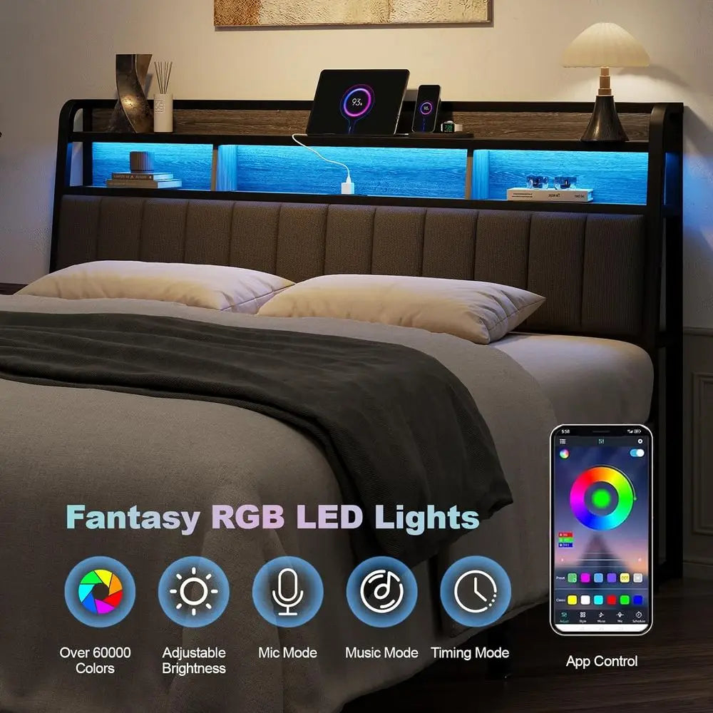 Sturdy Upholstered Headboard Storage LED Light Charging