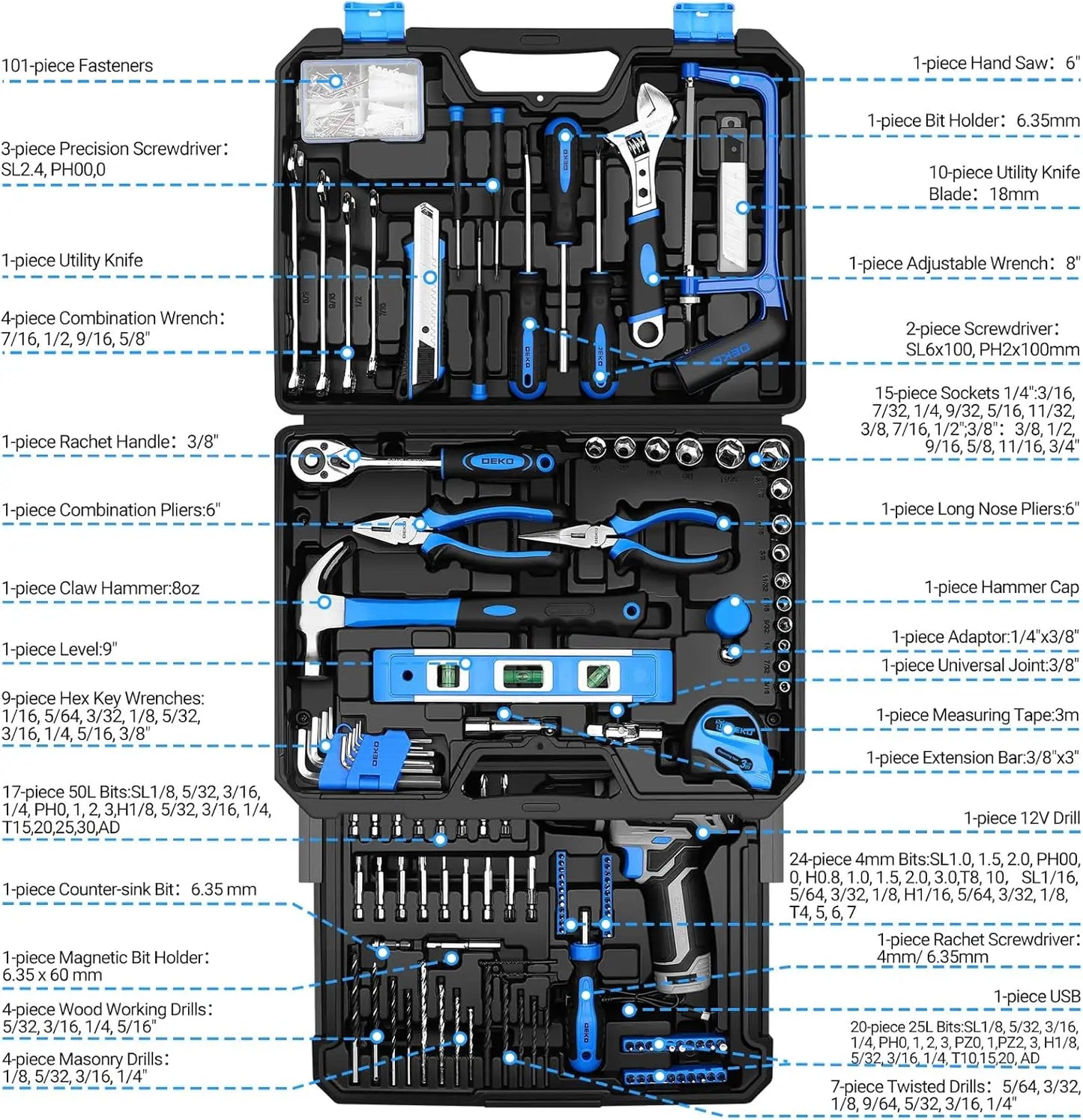 DEKODIY 12V Cordless Drill Tool Set Mechanic Toolbox With Case
