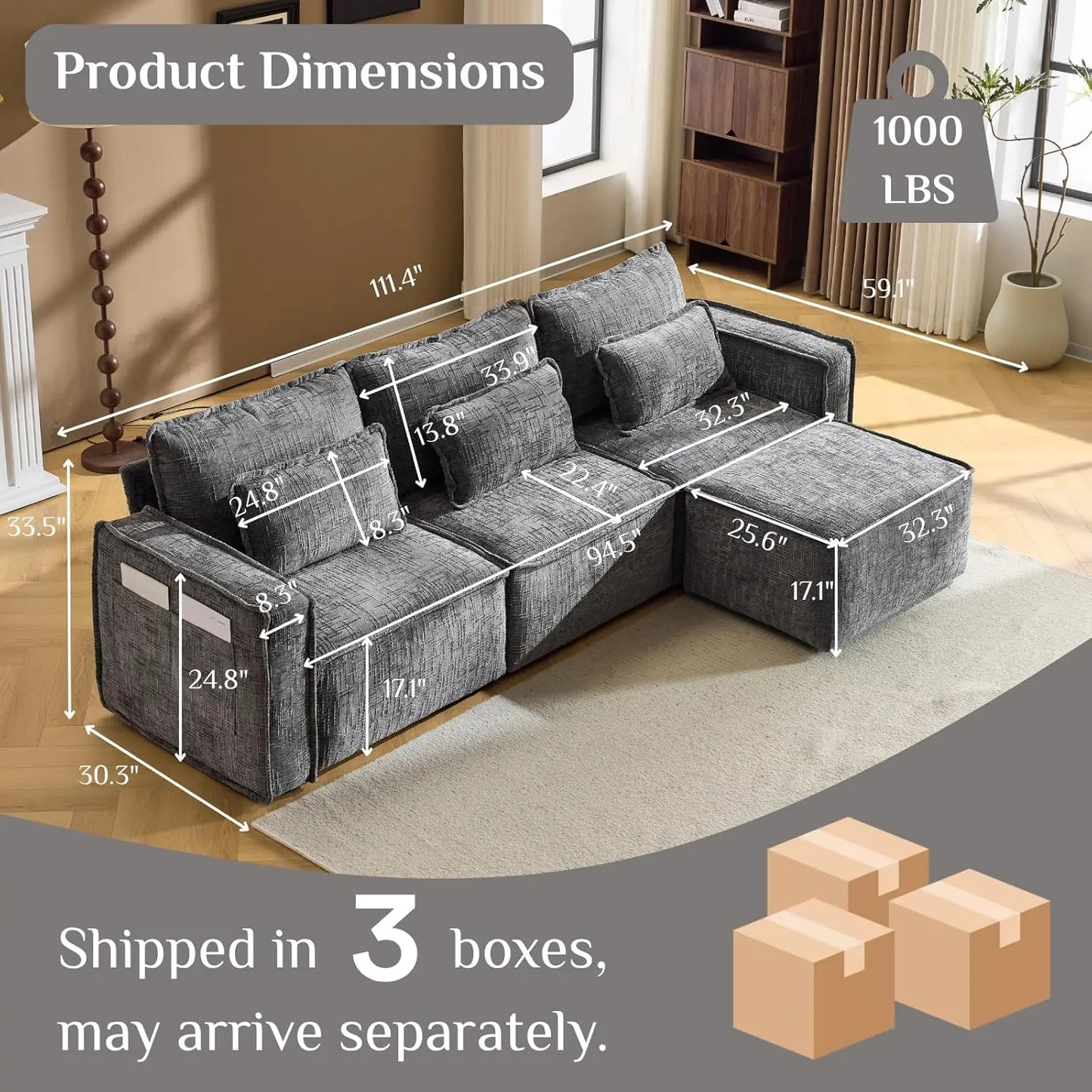 Cloud Sectional Sofa Set With Moveable Ottoman Modular L Shape Convertible Chenille