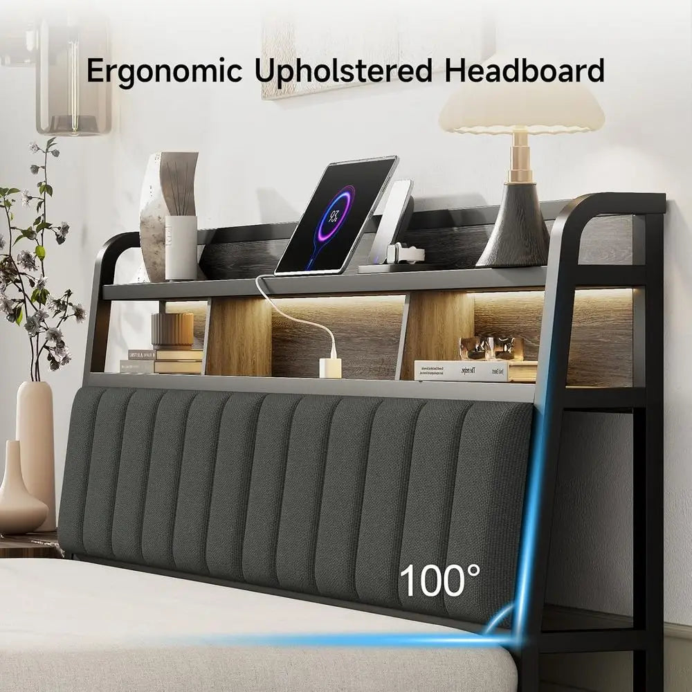 Sturdy Upholstered Headboard Storage LED Light Charging