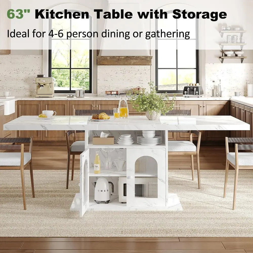 Modern Dining Table For 4-6 With Storage Shelves And Cabinet