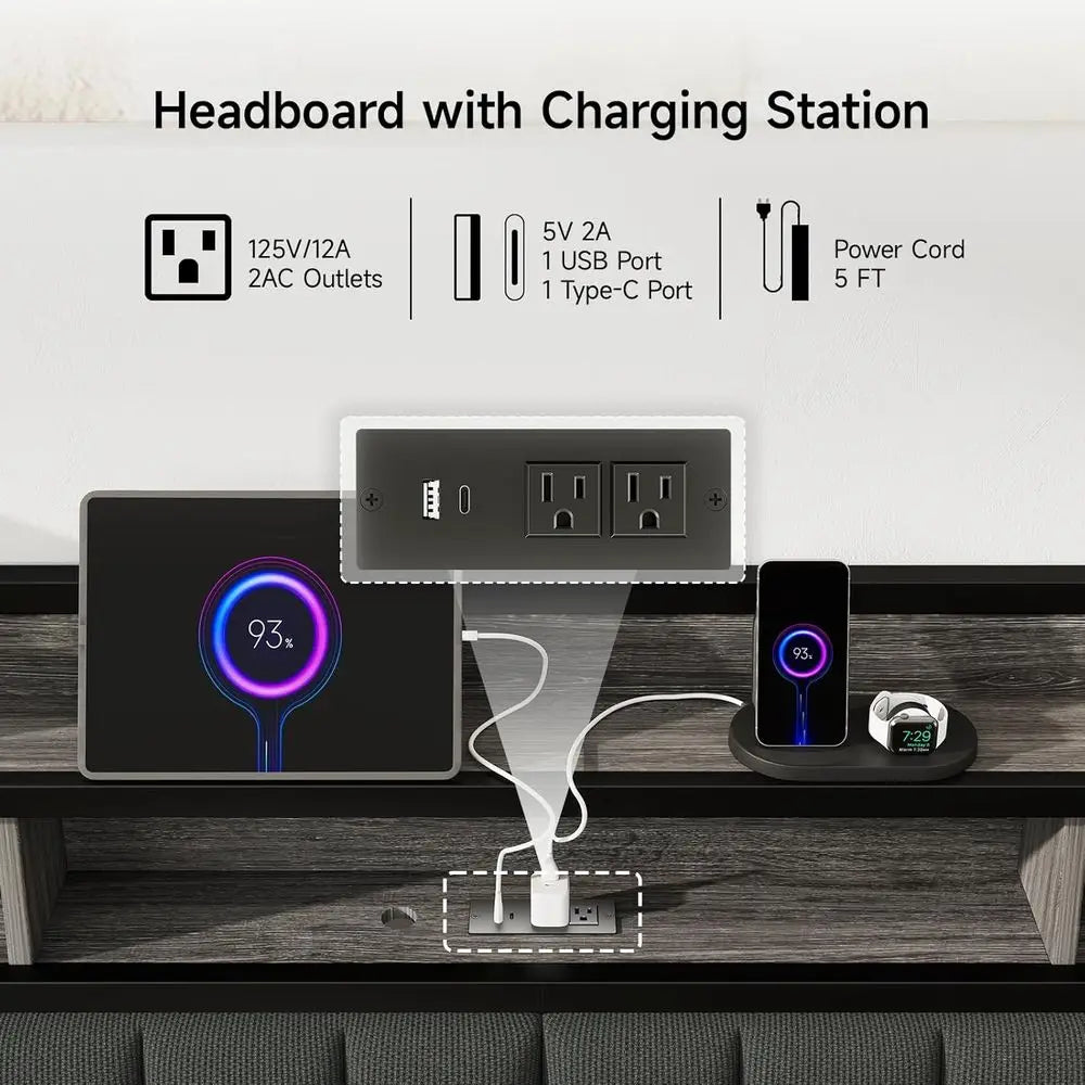 Sturdy Upholstered Headboard Storage LED Light Charging