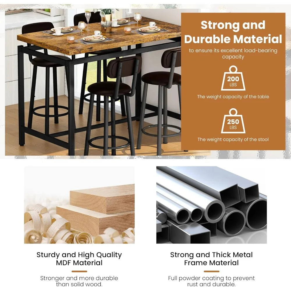 Industrial Bar Table And Four PU Leather Stools Set