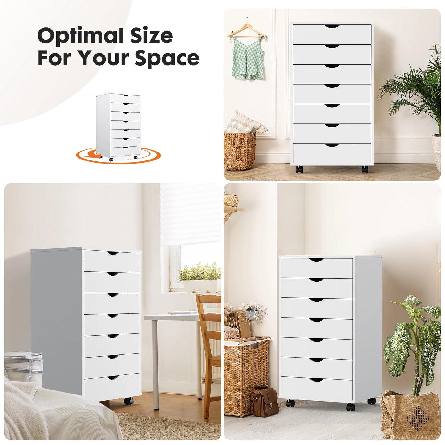 JHK 7-Drawer Chest Dresser With Rolling Wheels Nightstand