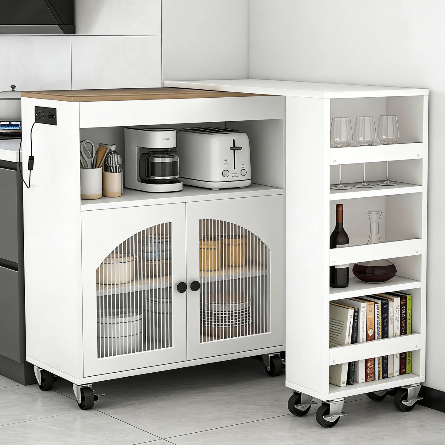 US Kitchen Island On Wheels With Extended Table MDF Cart