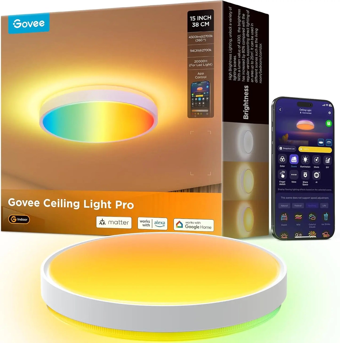 Smart RGBIC Ceiling Light 4300LM Matter Compatible Dimmable Flush Mount Fixture For Bedroom And Living Room