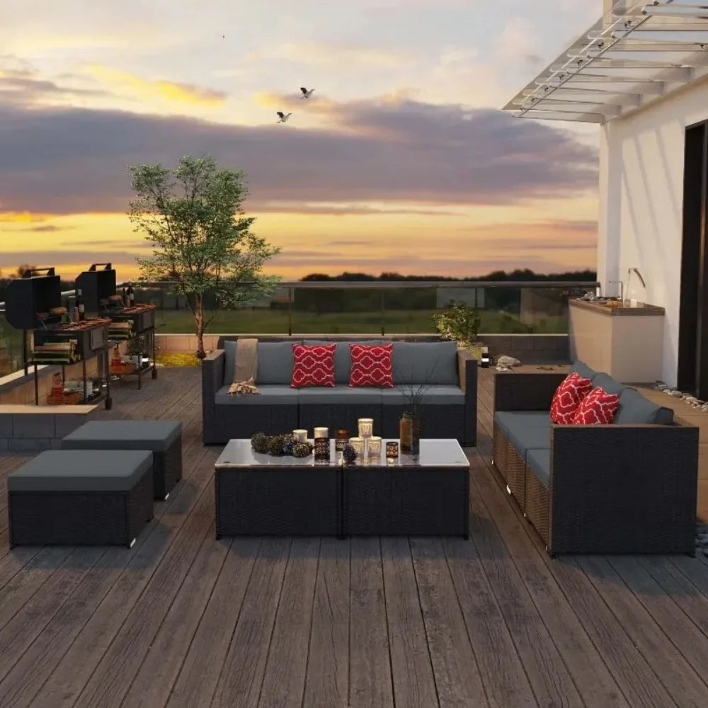Outdoor All-Weather Garden Furniture Set Wicker Sofa With Glass Table