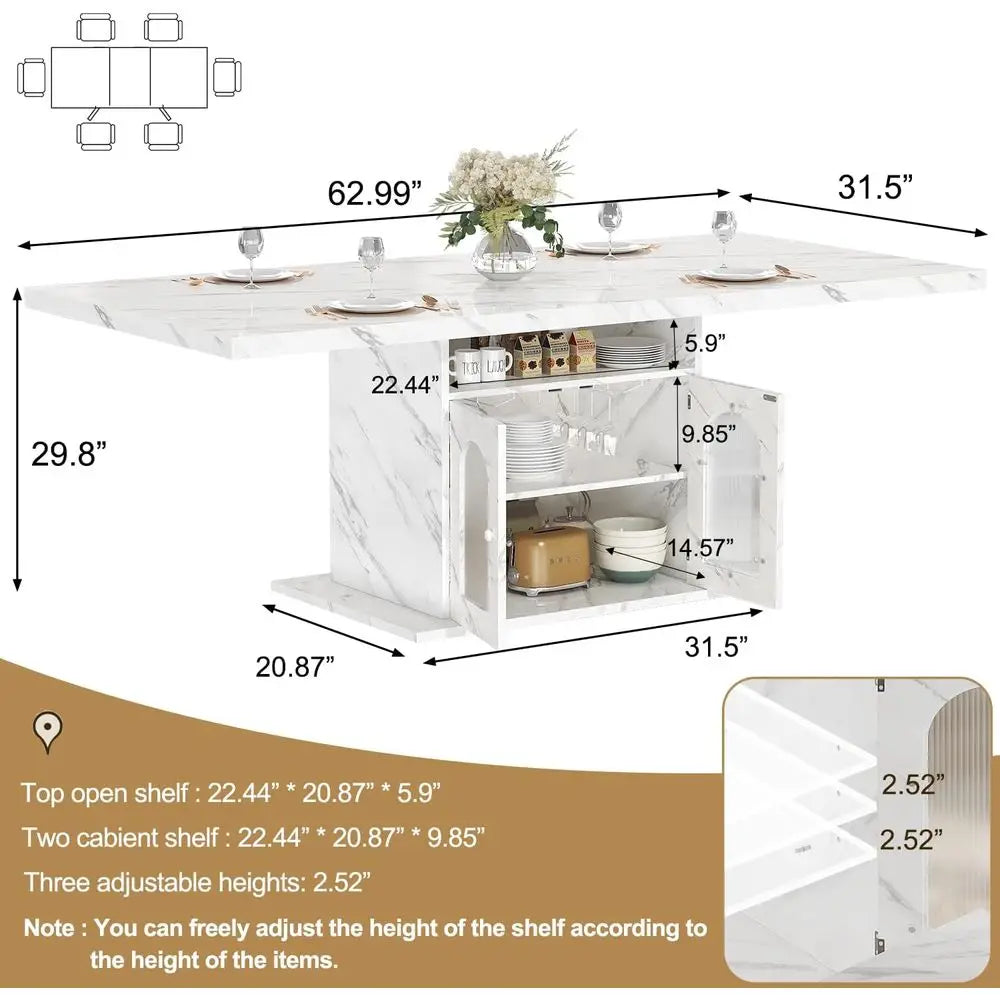 Modern Dining Table For 4-6 With Storage Shelves And Cabinet