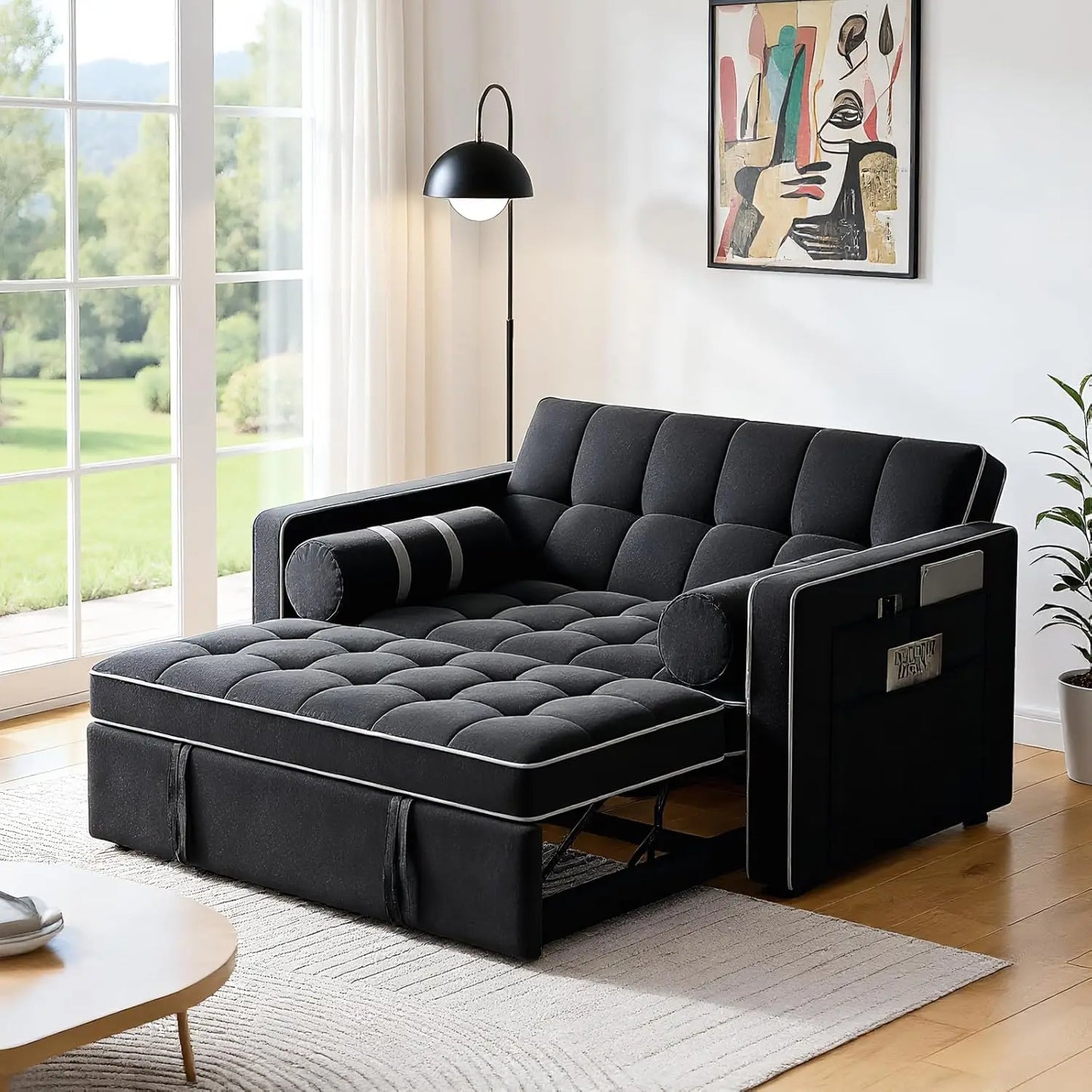 3-in-1 Convertible Sofa Bed, Pull-out Sofa for Living Room, with USB Port and Side Pockets