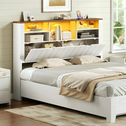 MKDK Headboard With Bookcase USB Charging LED Lights Storage