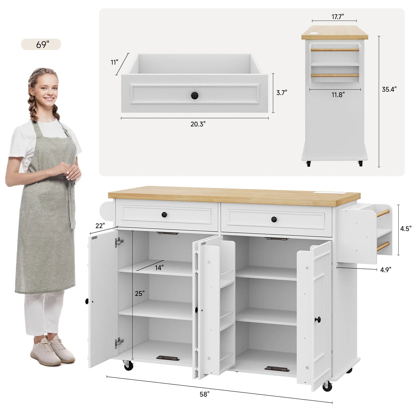 60" Mobile Kitchen Islands Rolling Trolleys Kitchen Island Table Drop Leaf Home Carts with Power Outlet Spice Towel Rack Trash