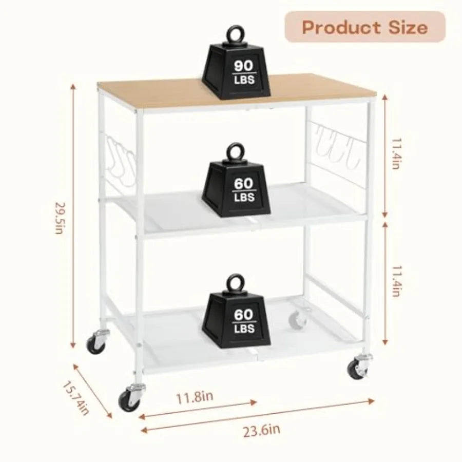 Rolling Microwave Cart With Storage 3-Tier Kitchen Island On Wheels