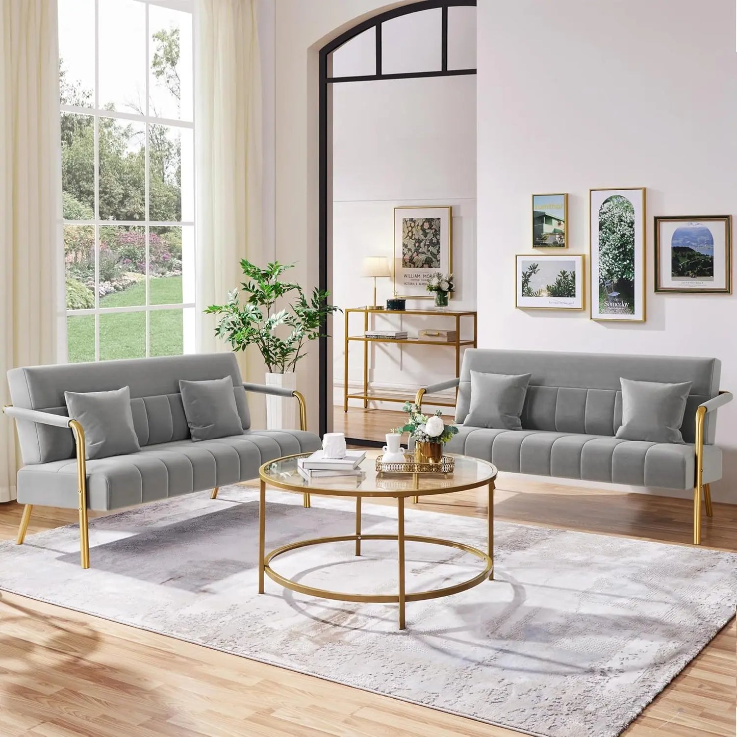 Modern Velvet Sofa With Gold Tone Metal Arms And Legs