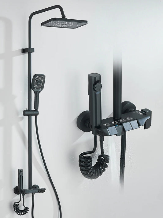 Quyanre 4 Way Piano Shower System With Rain Shower Bidet Faucet Hot Cold Water Mixer For Bathroom Kit