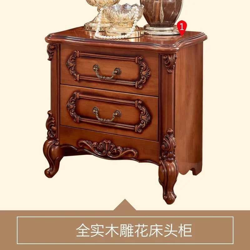 56European bedside table, American solid wood retro bedside table, bedroom storage with drawer engraving
