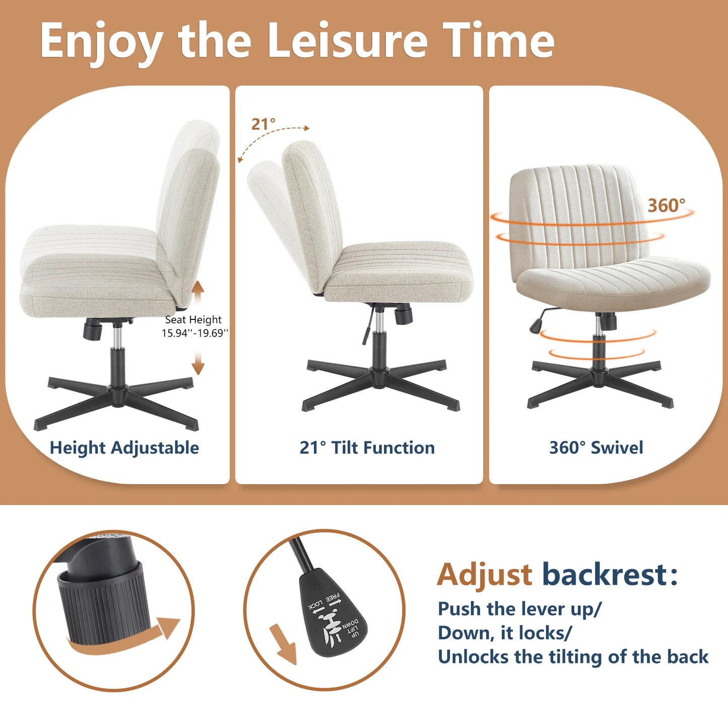 JHK Cross Legged Office Chair Rocking Swivel Fabric