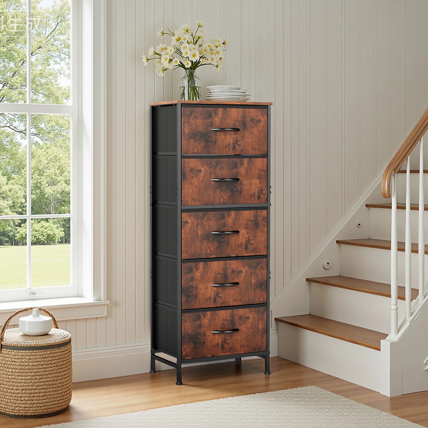 JHK Dresser With 5 Fabric Drawers For Bedroom Storage Cabinet