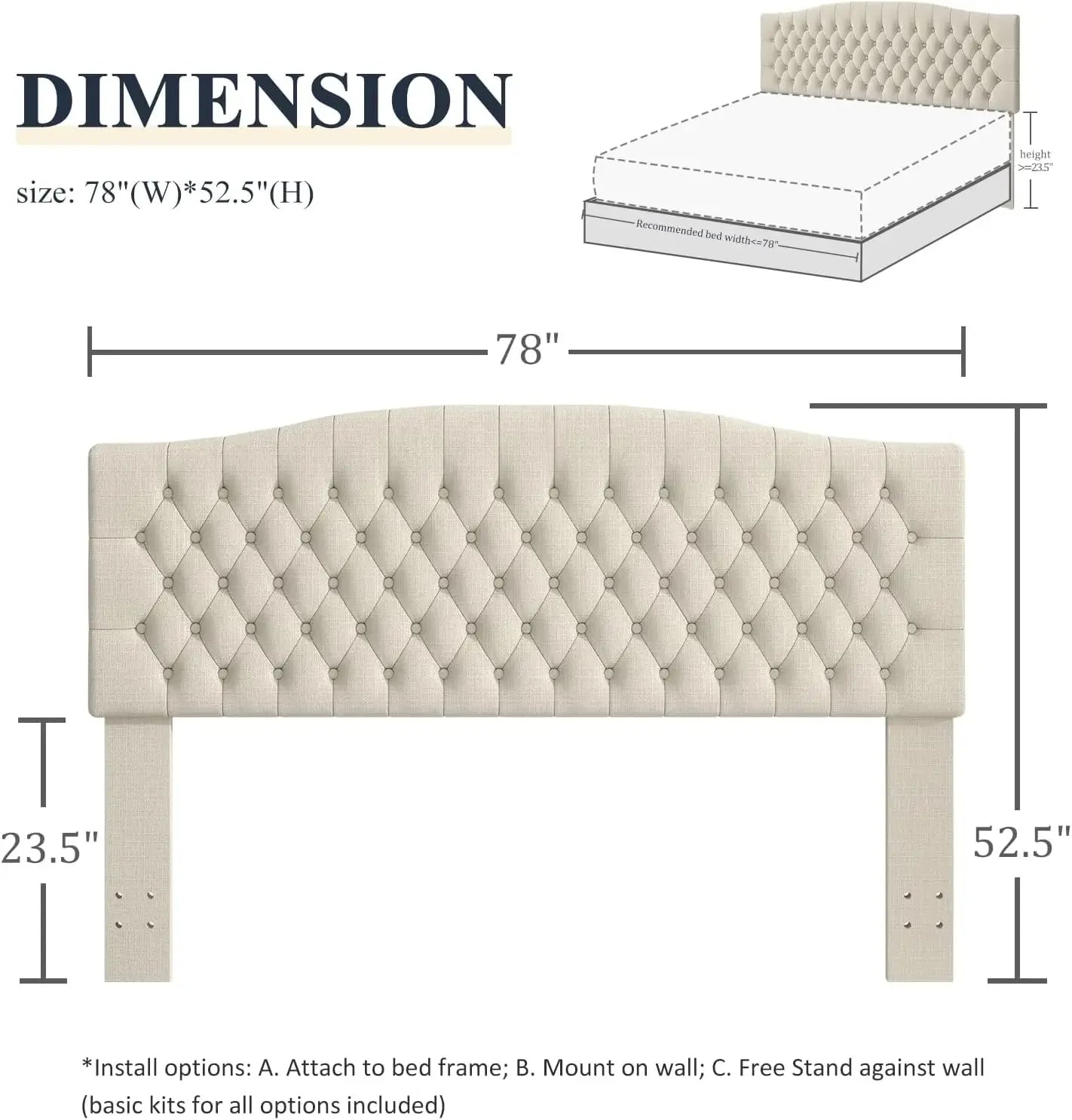 Upholstered Headboard for Adjustable Bed with Tufted Wall Mounted