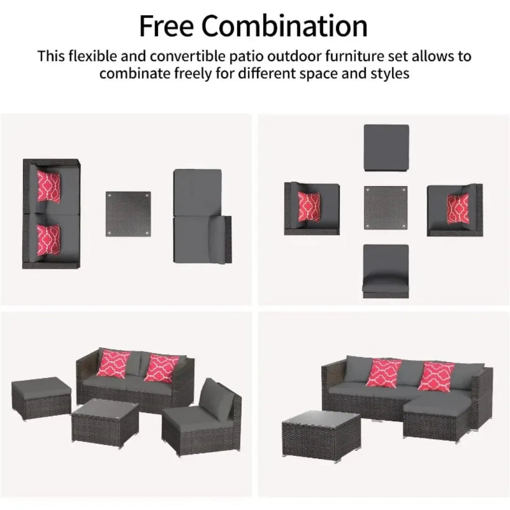 Outdoor All-Weather Garden Furniture Set Wicker Sofa With Glass Table