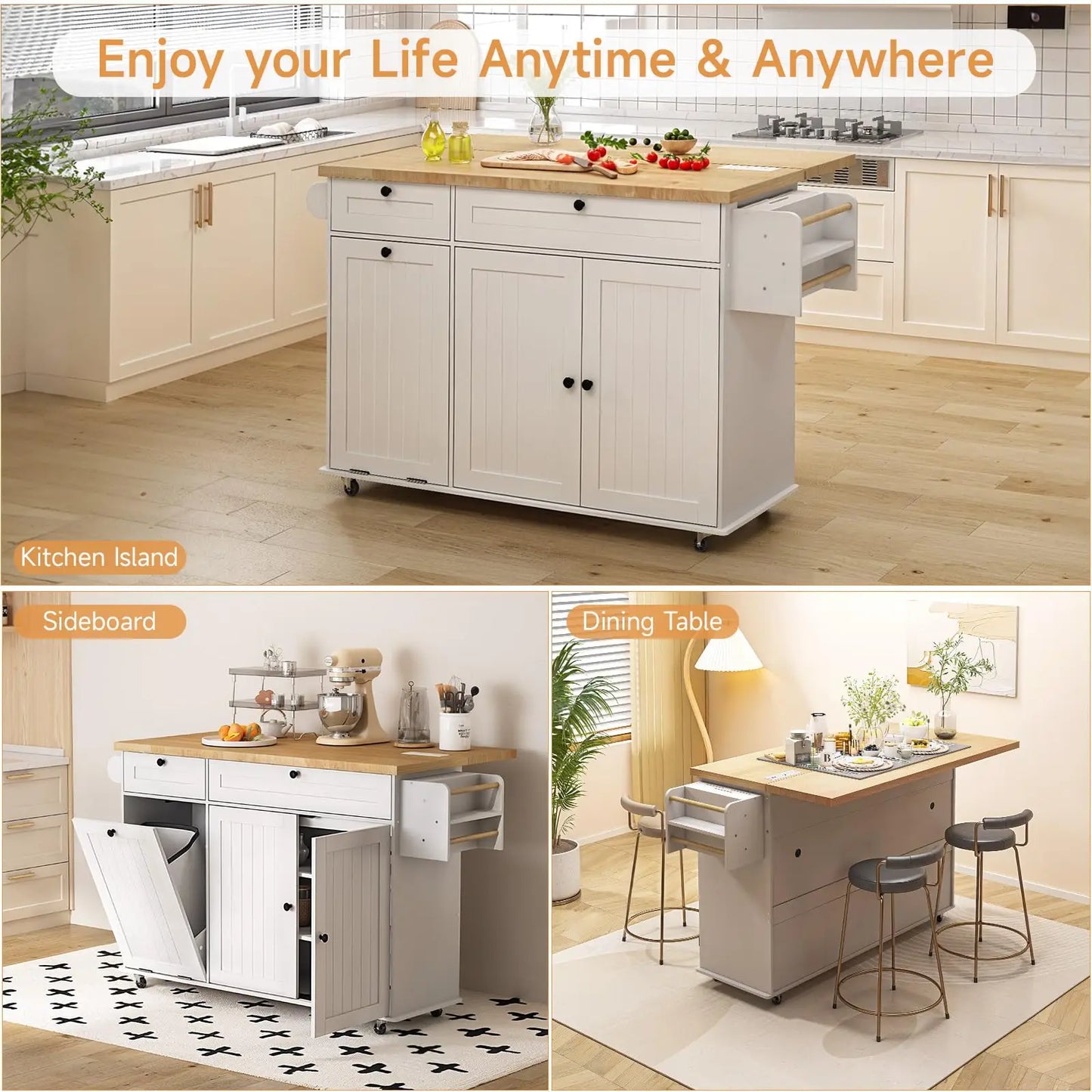 ONBRILL Mobile Kitchen Island With Drop Leaf Power Outlet Spice Rack Towel Rack Trash Drawer