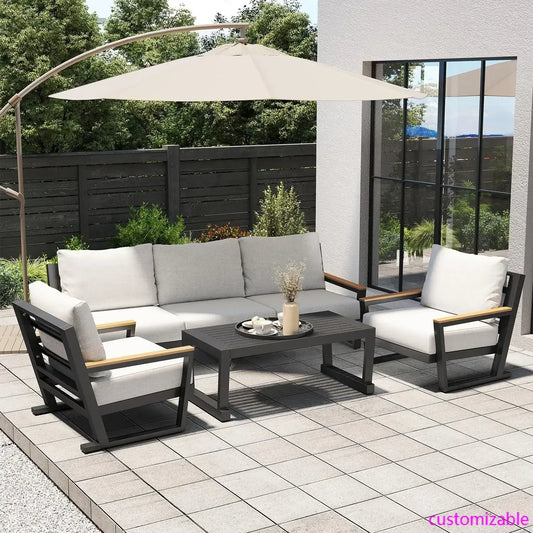 4 Seats Modern Patio Furniture Set, Sectional Sofa Conversation Set with Coffee Table, Upgraded Washable Cushions, Grey
