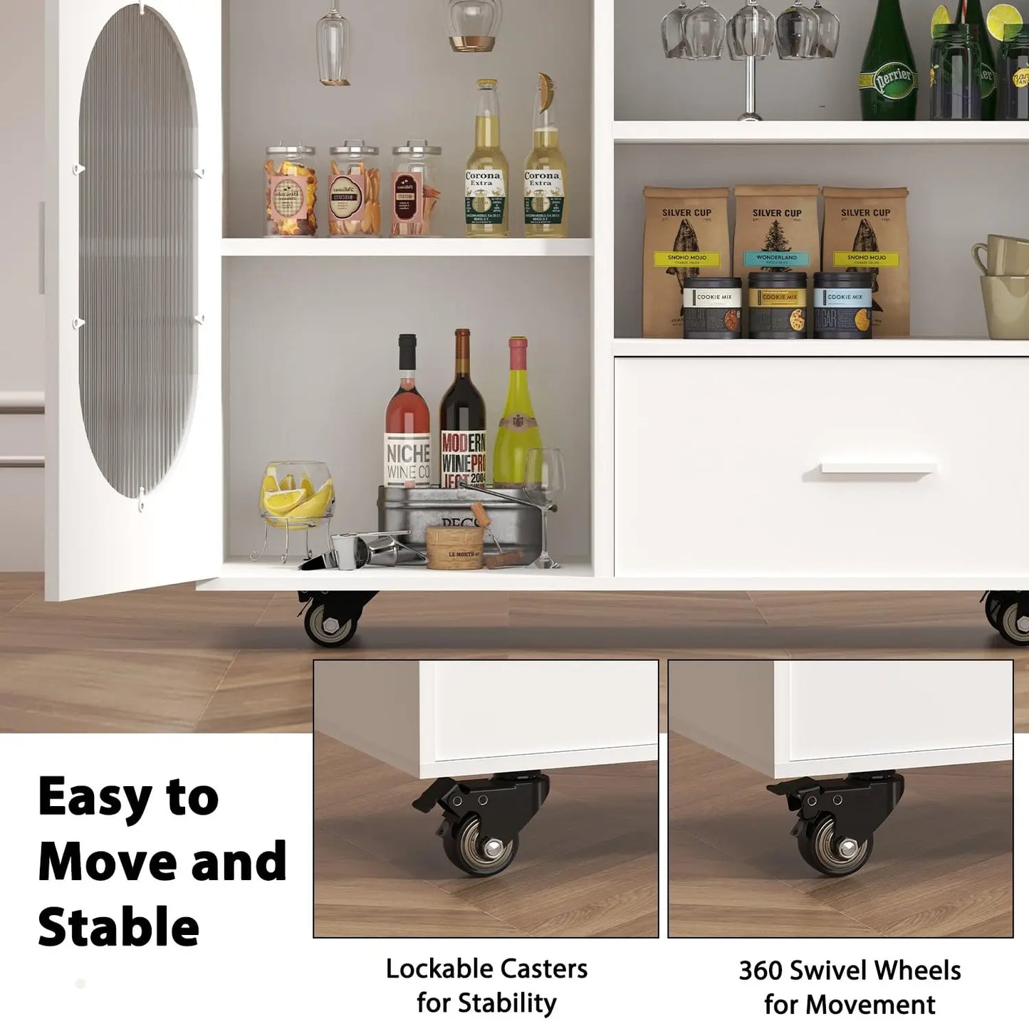 72.4” Rolling Kitchen Island with Swivel Table, Storage Cabinet, Drawers & Shelves, White Modern Mobile Island Cart, Customized