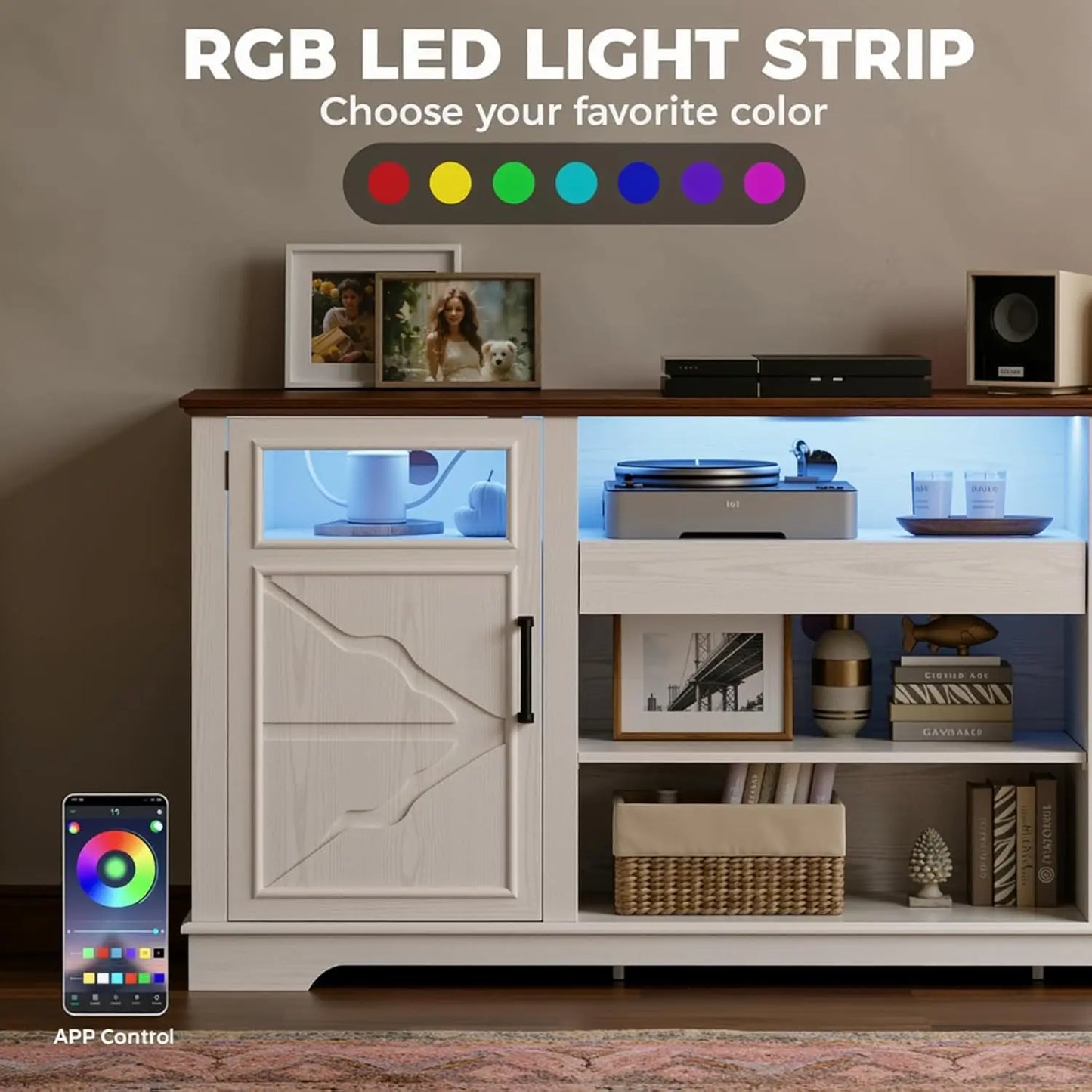 Farmhouse TV Stand With LED Lights And Power Outlet