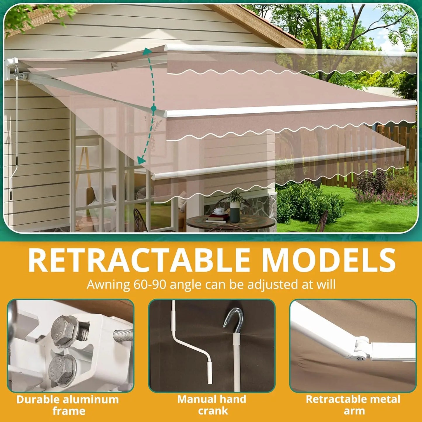 XMSJ Retractable Awning For Outdoor Patio Cafe Courtyard