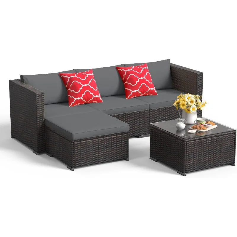 Outdoor All-Weather Garden Furniture Set Wicker Sofa With Glass Table