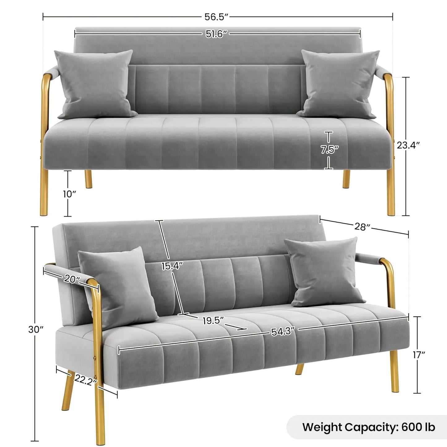 Modern Velvet Sofa With Gold Tone Metal Arms And Legs