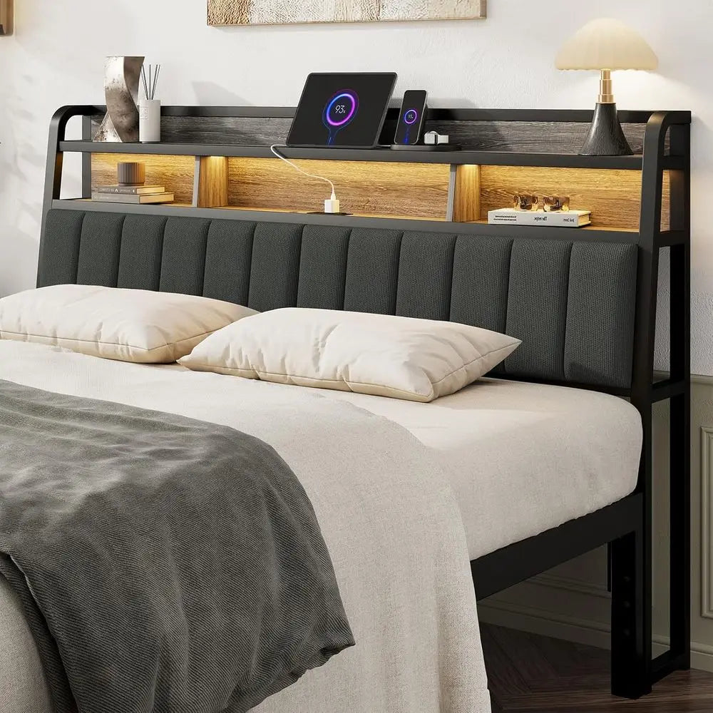 Sturdy Upholstered Headboard Storage LED Light Charging