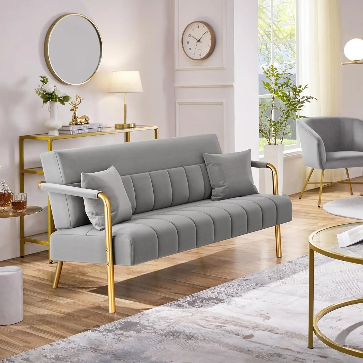 Modern Velvet Sofa With Gold Tone Metal Arms And Legs