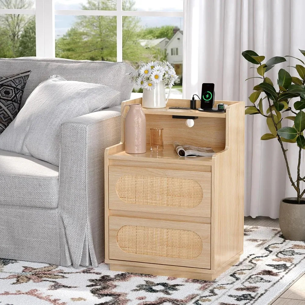 Nightstand Set of 2 Rattan Nightstands With Charging Station