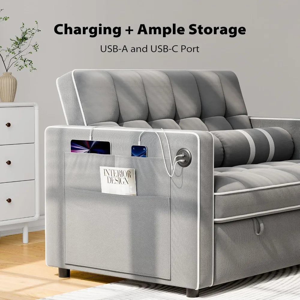 3-in-1 Convertible Sofa Bed, Pull-out Sofa for Living Room, with USB Port and Side Pockets