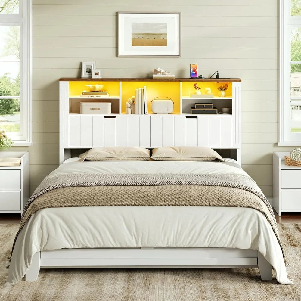 MKDK Headboard With Bookcase USB Charging LED Lights Storage